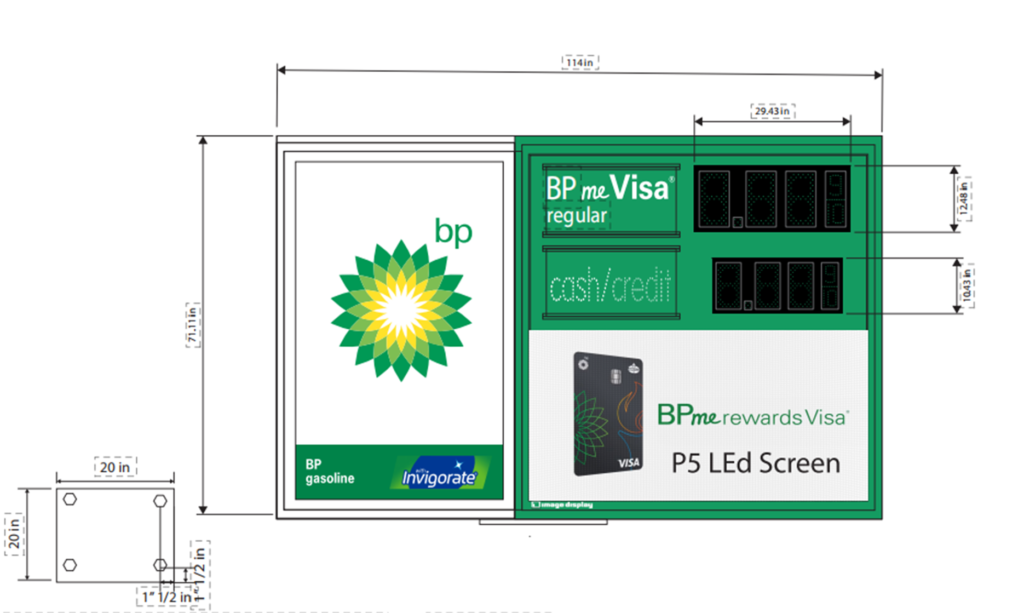BP petrol price pylon sign design with LED price displays and P5 screen