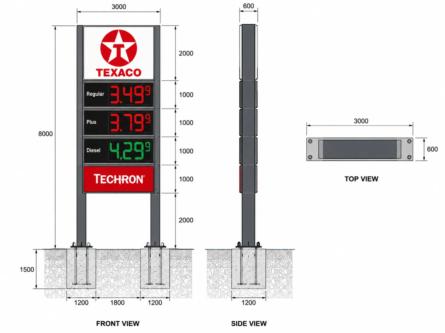 Pylon sign design drawing showing cabinet dimensions pole structure and foundation