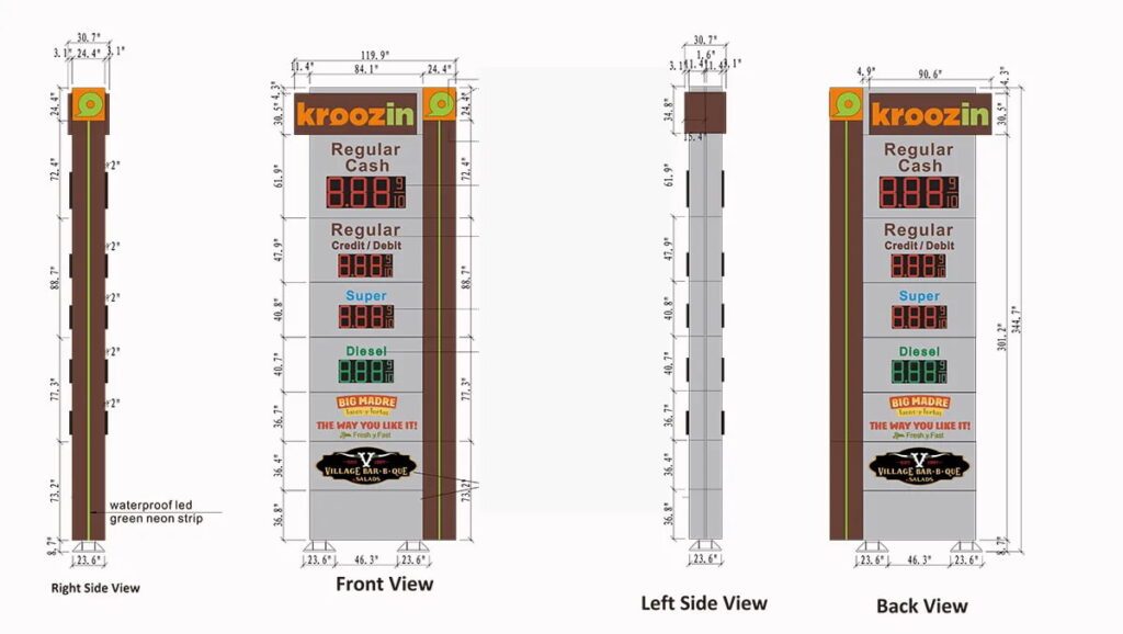 Illuminated gas station pylon sign with LED price display for roadside fuel station branding.