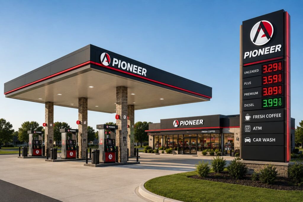 fuel station branding system including canopy sign and pylon sign