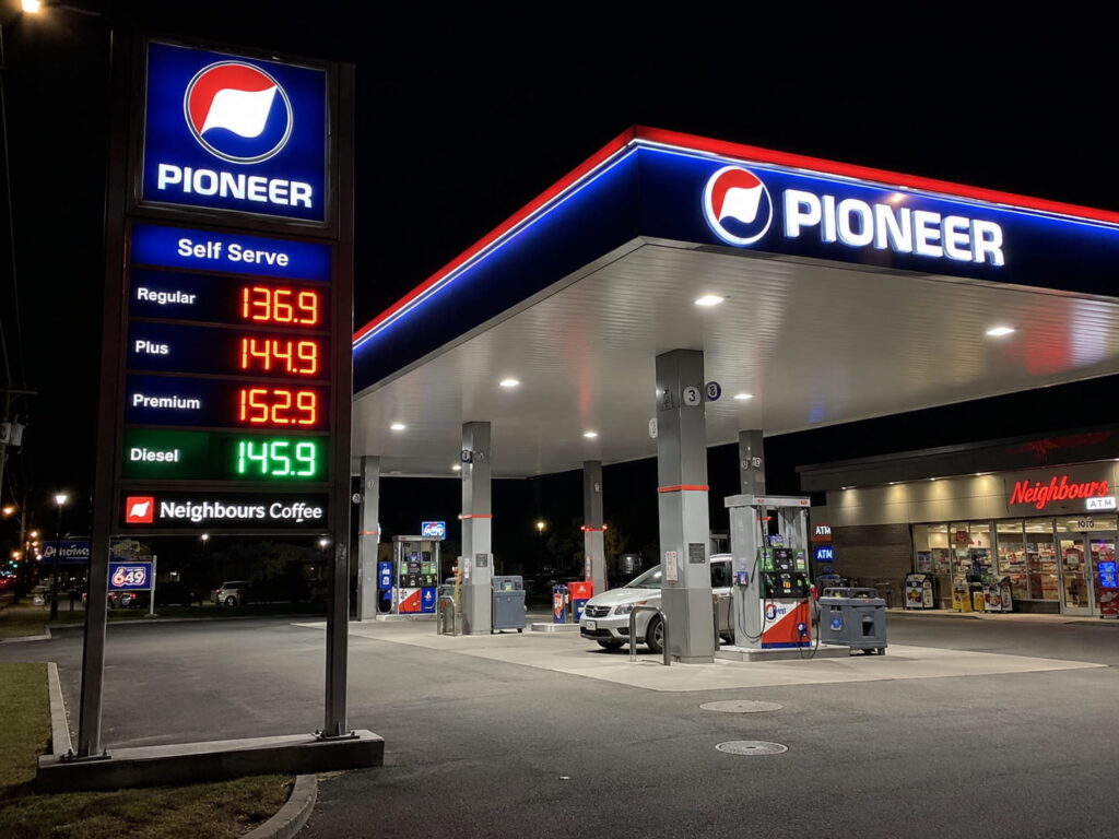 Gas station canopy LED lighting for nighttime visibility