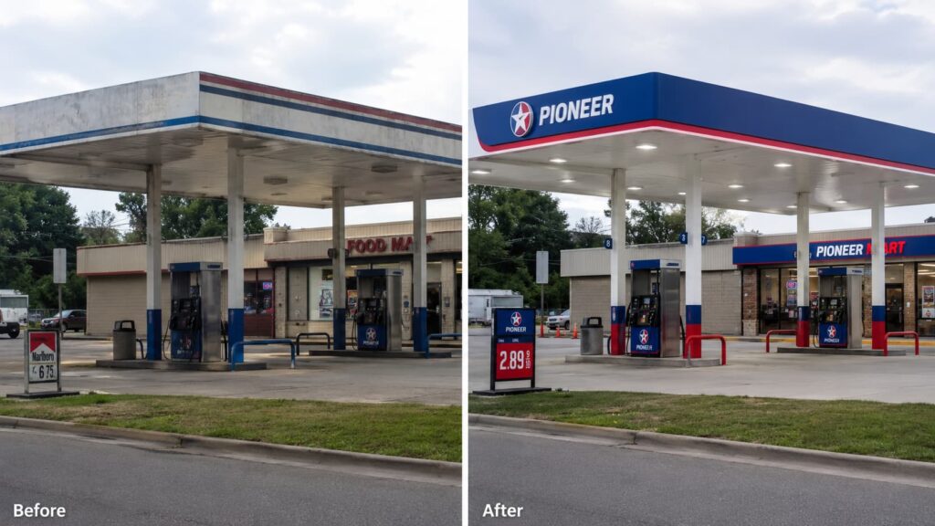 Gas station canopy rebranding project with new fascia panels and LED signage