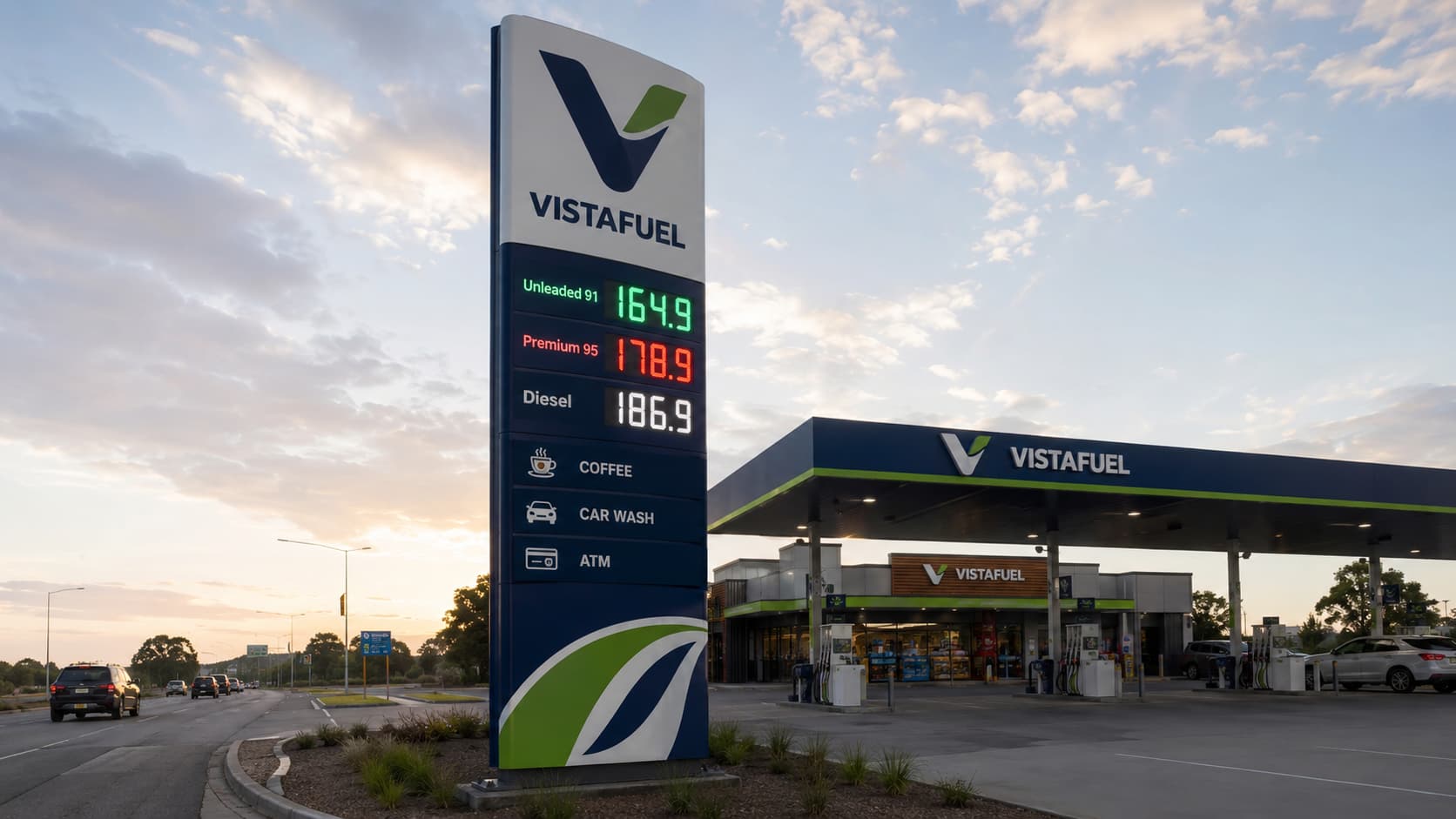 illuminated gas station pylon sign visible from highway