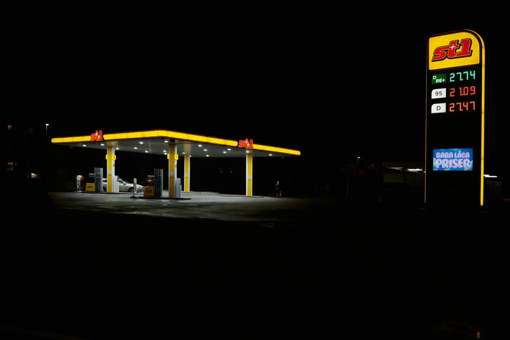 Roadside gas price display visible from a high traffic roadway