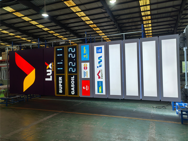 completed gas station pylon sign with LED price display