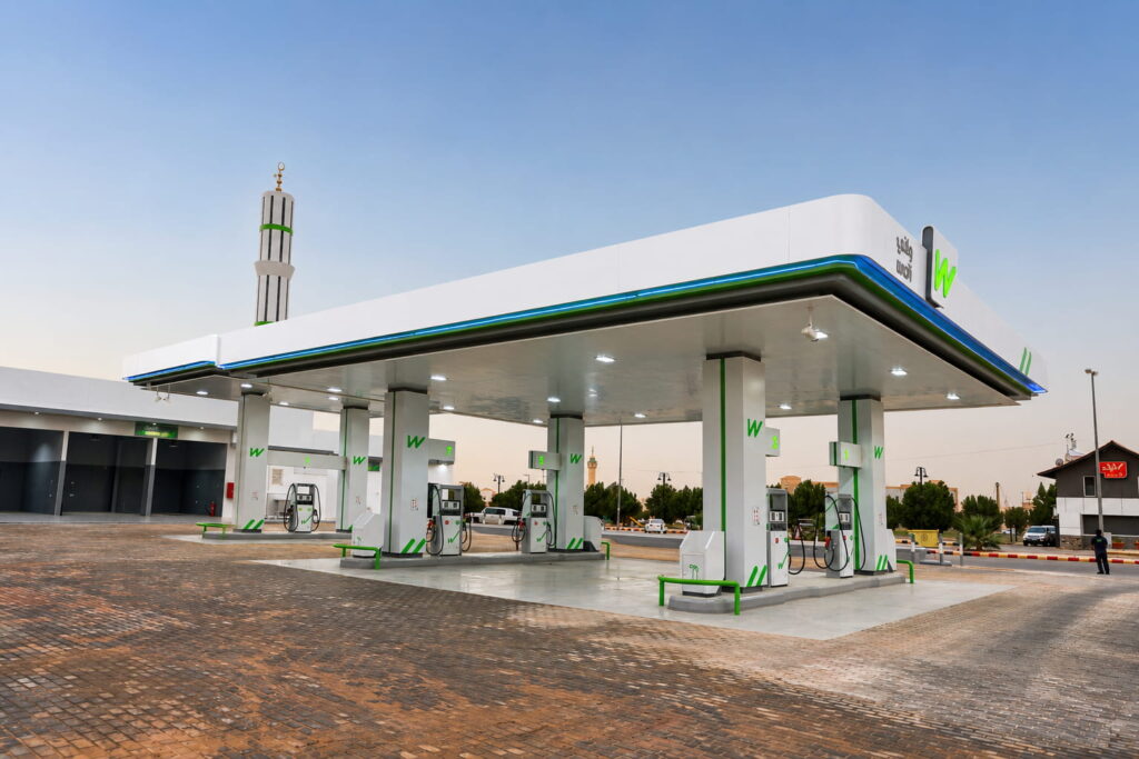 Modern fuel island canopy at a branded gas station