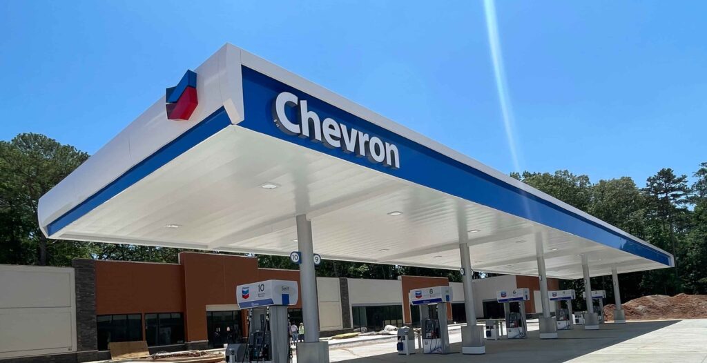 modern gas station canopy with LED lighting and branding