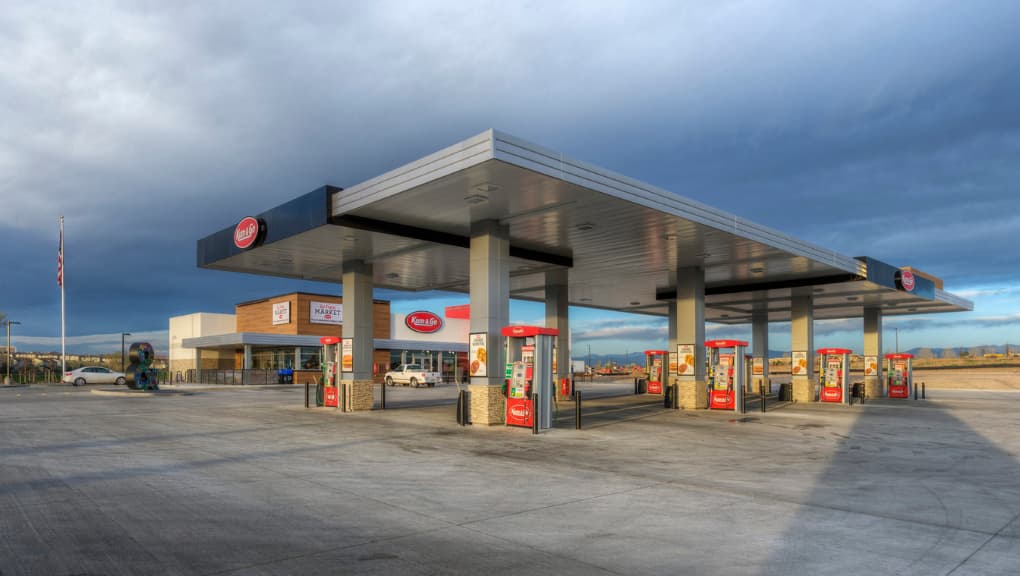 modern gas station construction project with canopy and fuel dispensers
