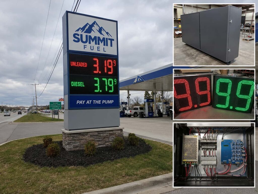 gas station pylon sign with LED price display for roadside visibility