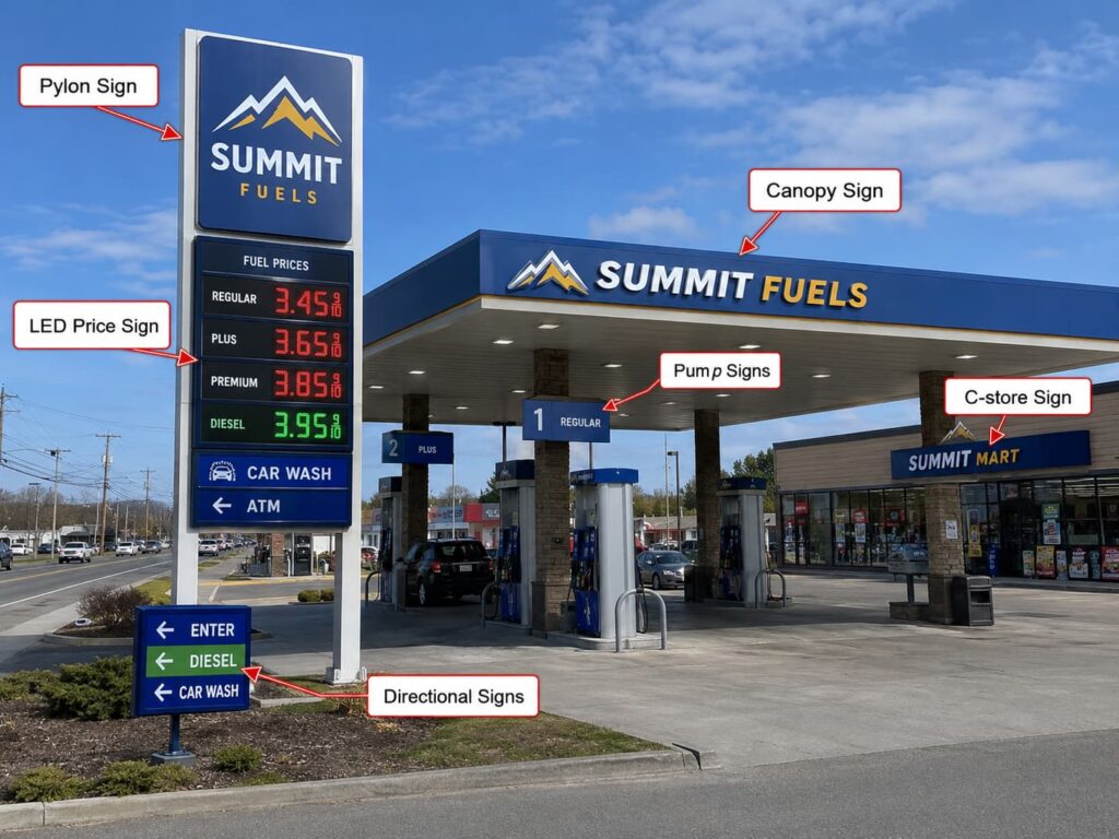 main types of service station signs for gas station branding