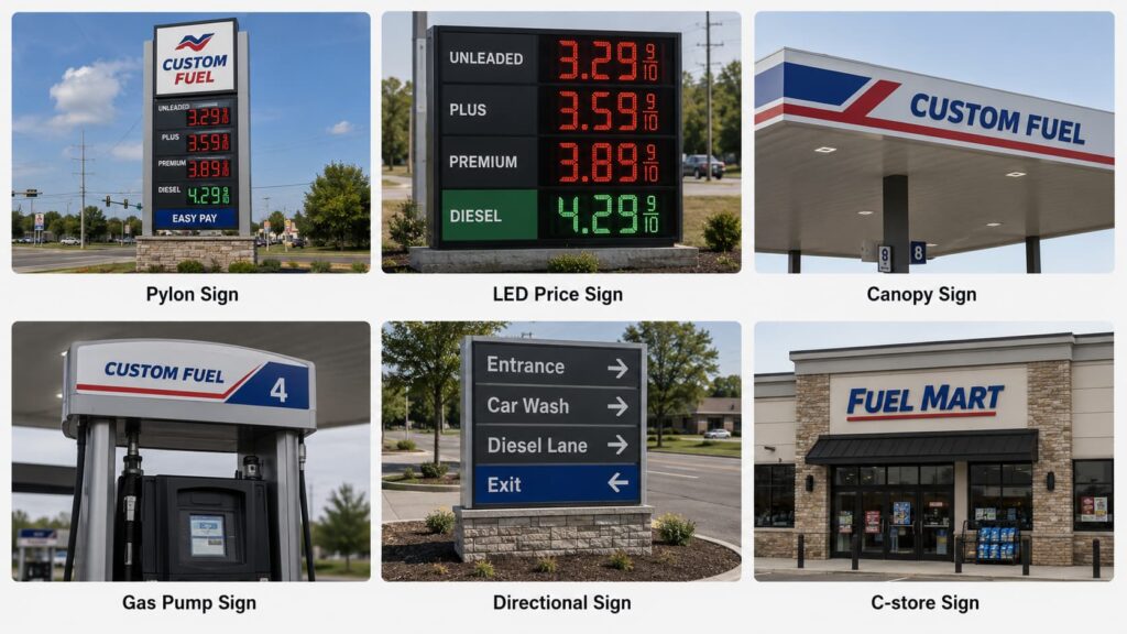 types of service station signs for fuel station projects