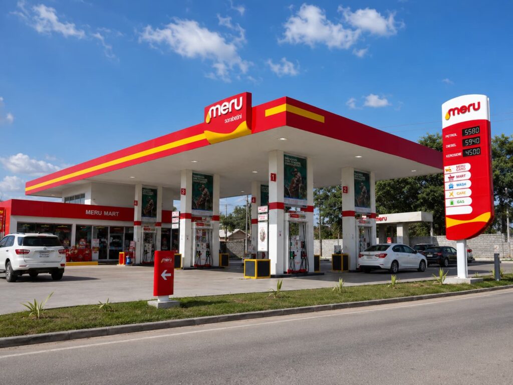 Completed Meru Sombetini gas station branding project with canopy fascia, fuel price pylon and pump island signs