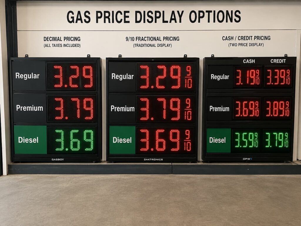 Different LED gas price sign formats for fuel stations