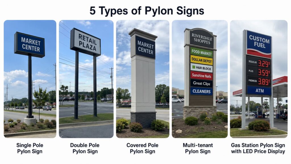 Different types of pylon signs for commercial and gas station projects