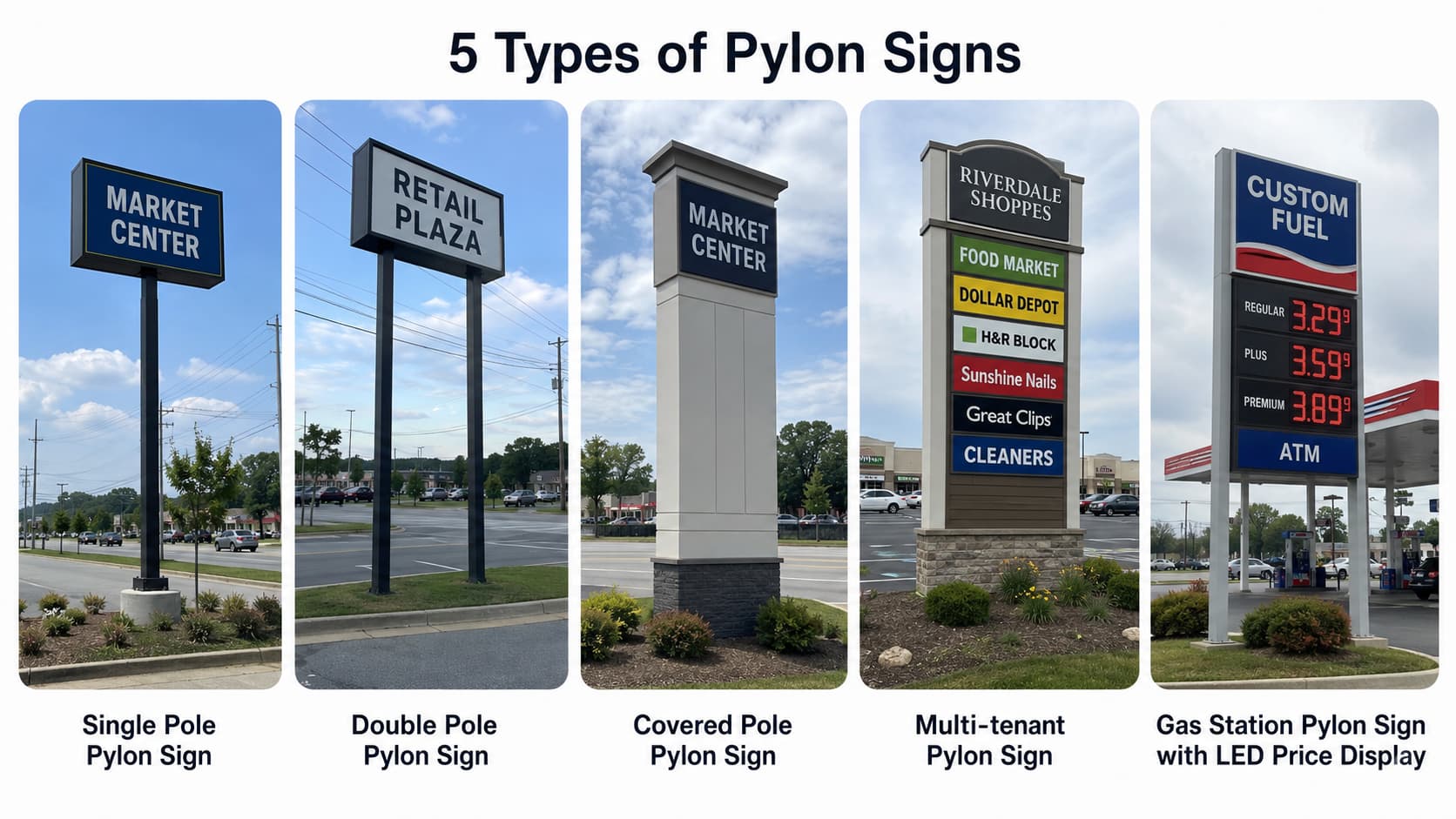 Different types of pylon signs for commercial and gas station projects