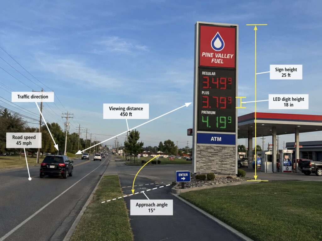 Gas price sign digit size and roadside viewing distance diagram