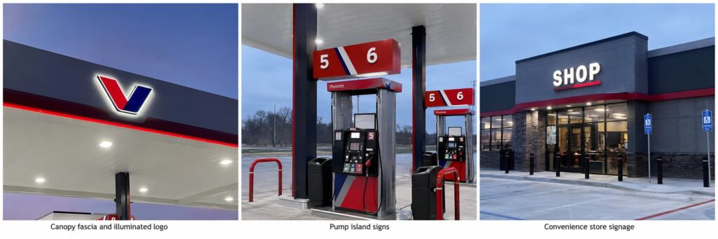 Gas station canopy fascia, pump island signs and convenience store branding