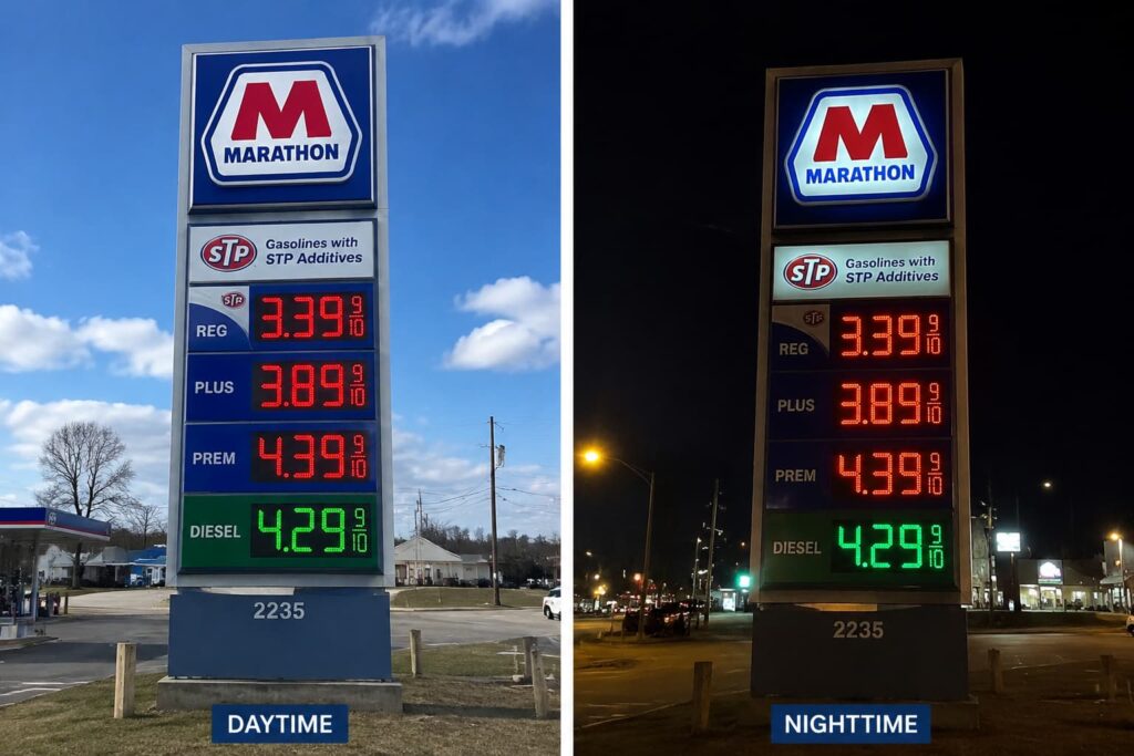 LED gas price sign visibility during daytime and nighttime