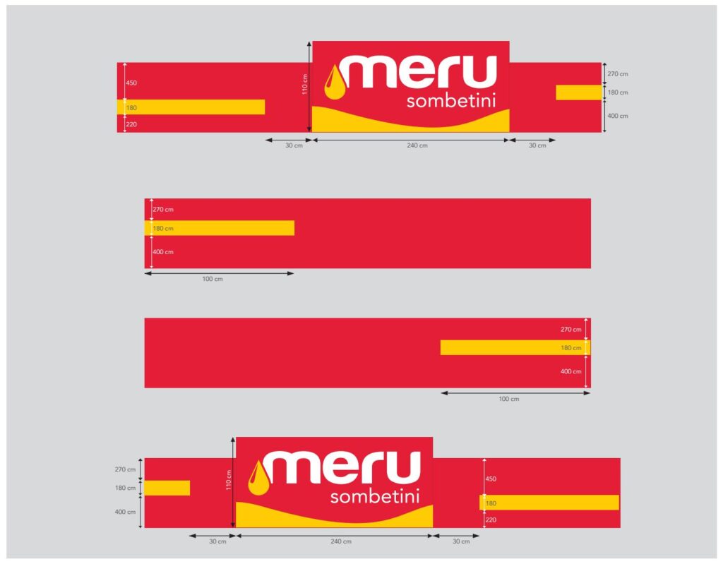 Meru Sombetini gas station canopy fascia with red panels, yellow stripe and raised brand sign