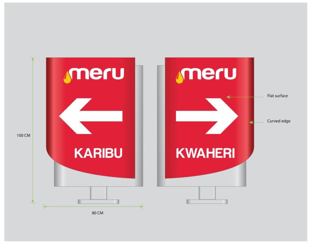 Meru gas station directional signs for petrol, diesel, entrance and exit traffic guidance