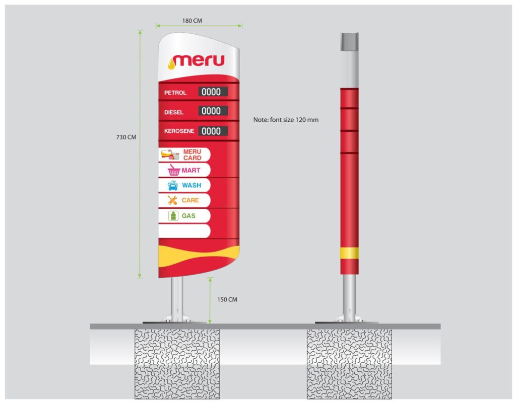 Meru gas station pylon sign with digital petrol, diesel and kerosene price displays