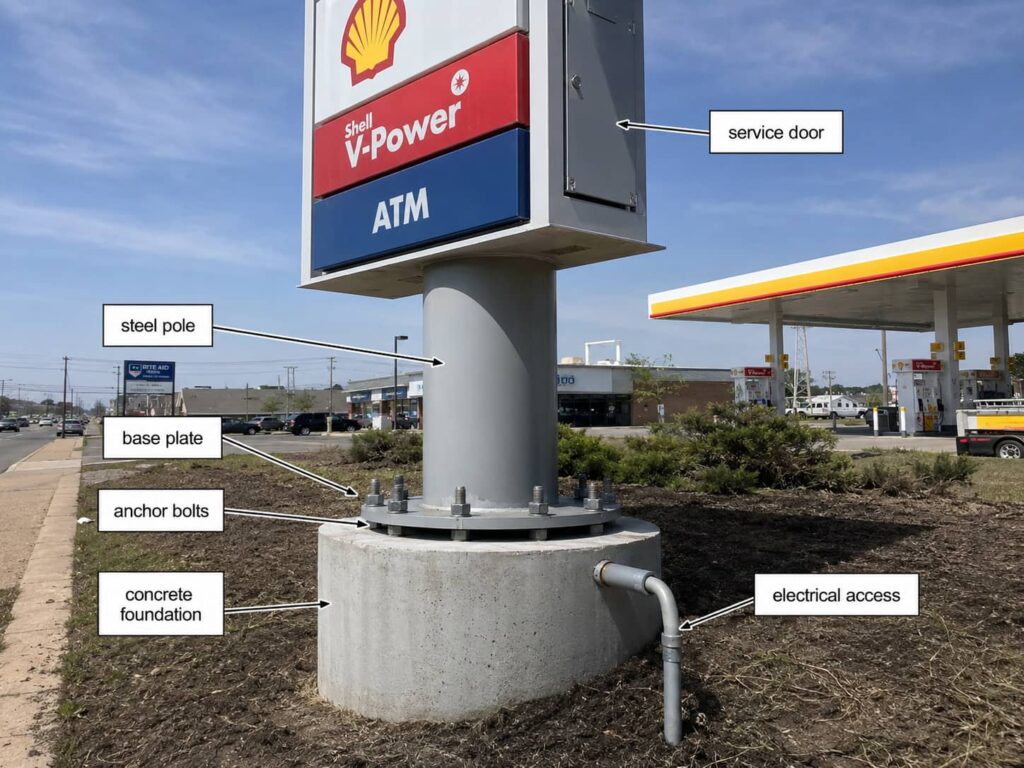 Pylon sign steel pole base plate anchor bolts and concrete foundation design