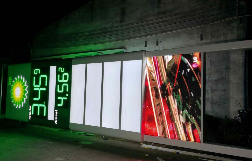 Gas station pylon sign with custom LED fuel price display