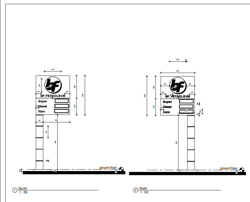 BF Petroleum gas station pylon sign elevation design drawing