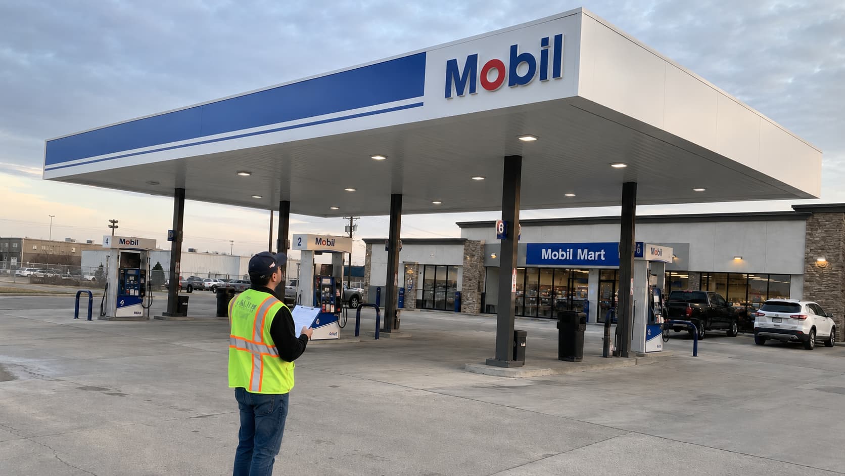 Mobil gas station canopy fascia with illuminated branding during an onsite project inspection