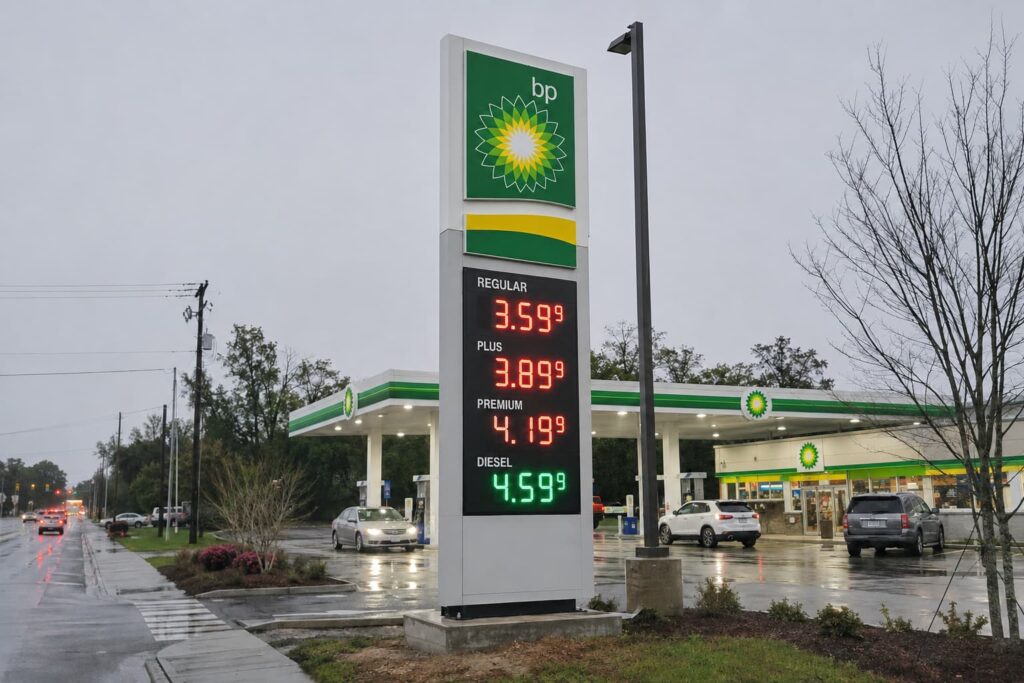 Outdoor gas station LED price sign installed in a roadside pylon after rain
