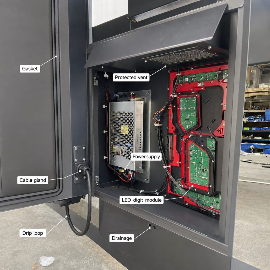 Weather-resistant LED gas price sign cabinet with gaskets cable glands and drainage