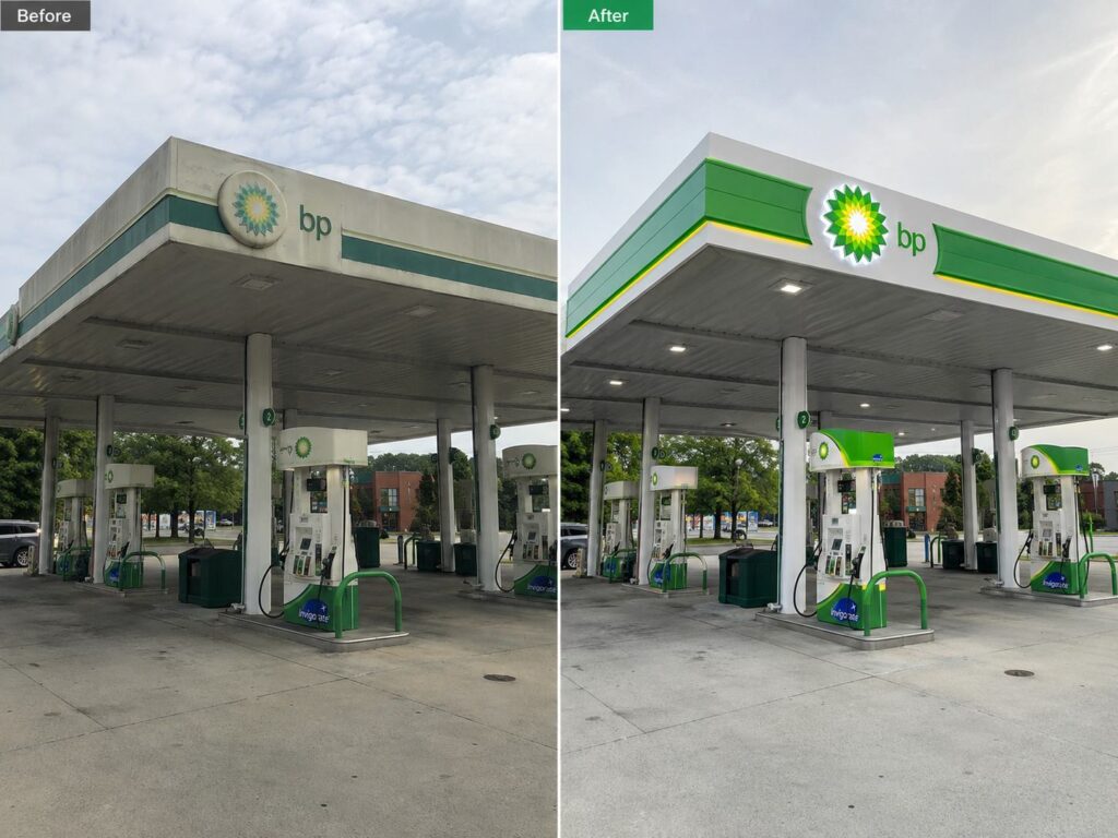 Canopy gas station before and after fascia rebranding