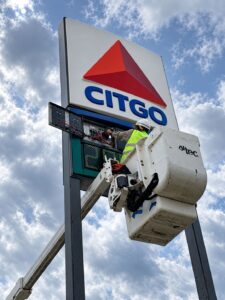 LED fuel price display fitted into a petrol station pylon sign