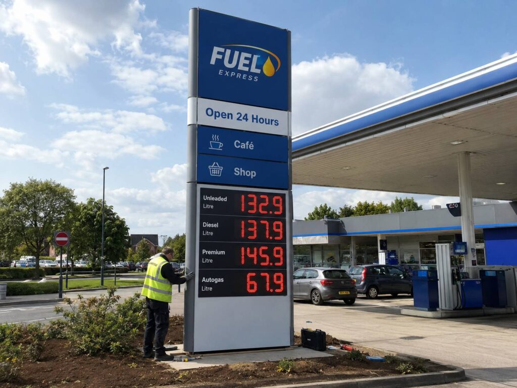 Existing gas station pylon with upgraded LED price change sign displays