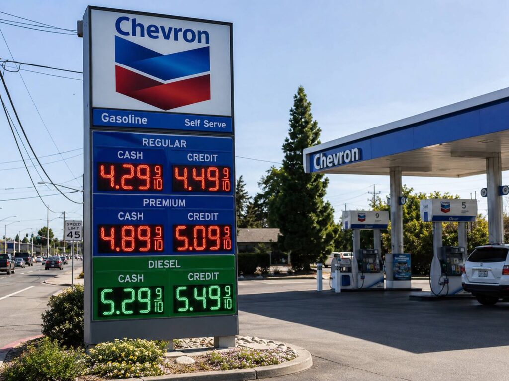 Gasoline price sign showing cash credit and fuel grade price layout