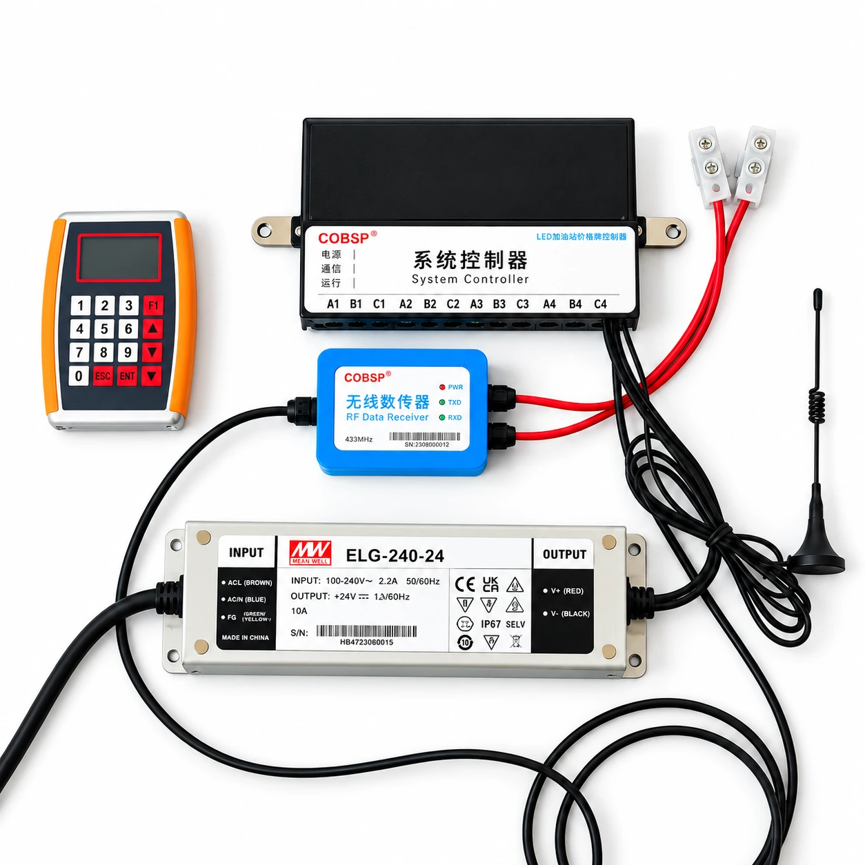 LED gas price sign controller kit with RF remote and antenna