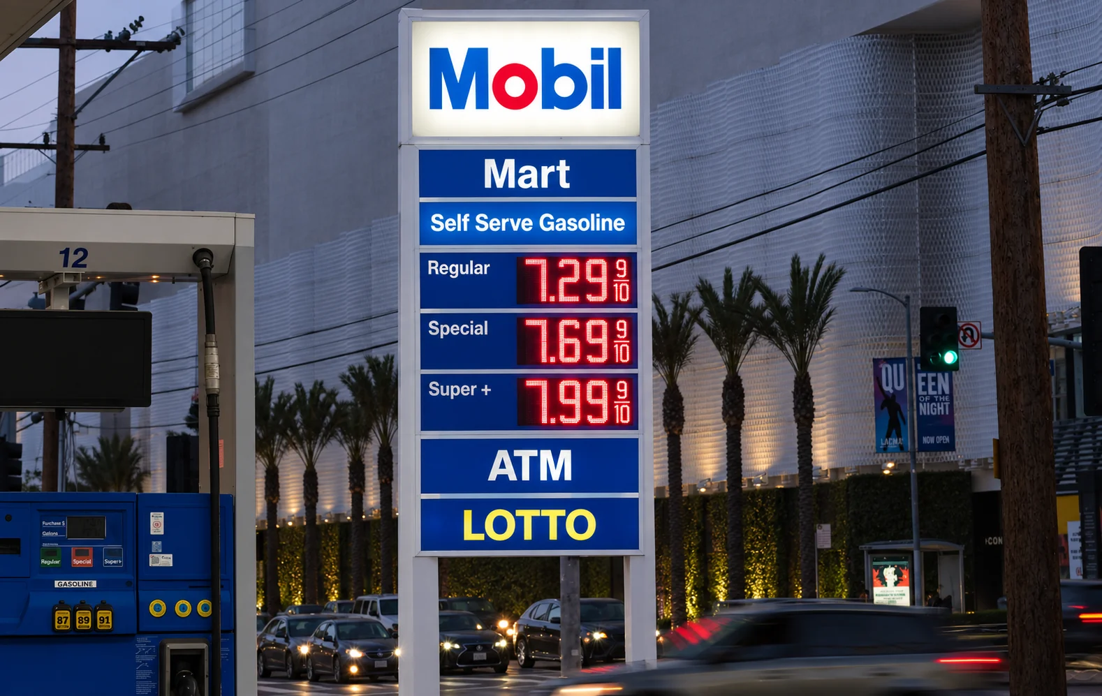 Large LED gas price sign on fuel station pylon