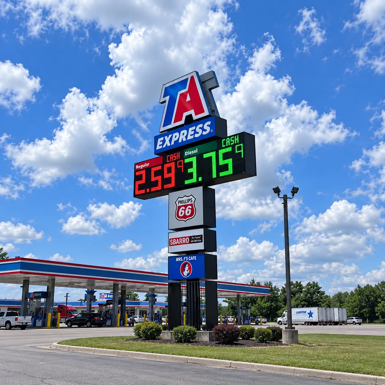 Large LED gas price sign installed on roadside pylon