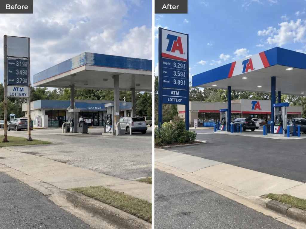TA fuel station redesign before and after signage upgrade