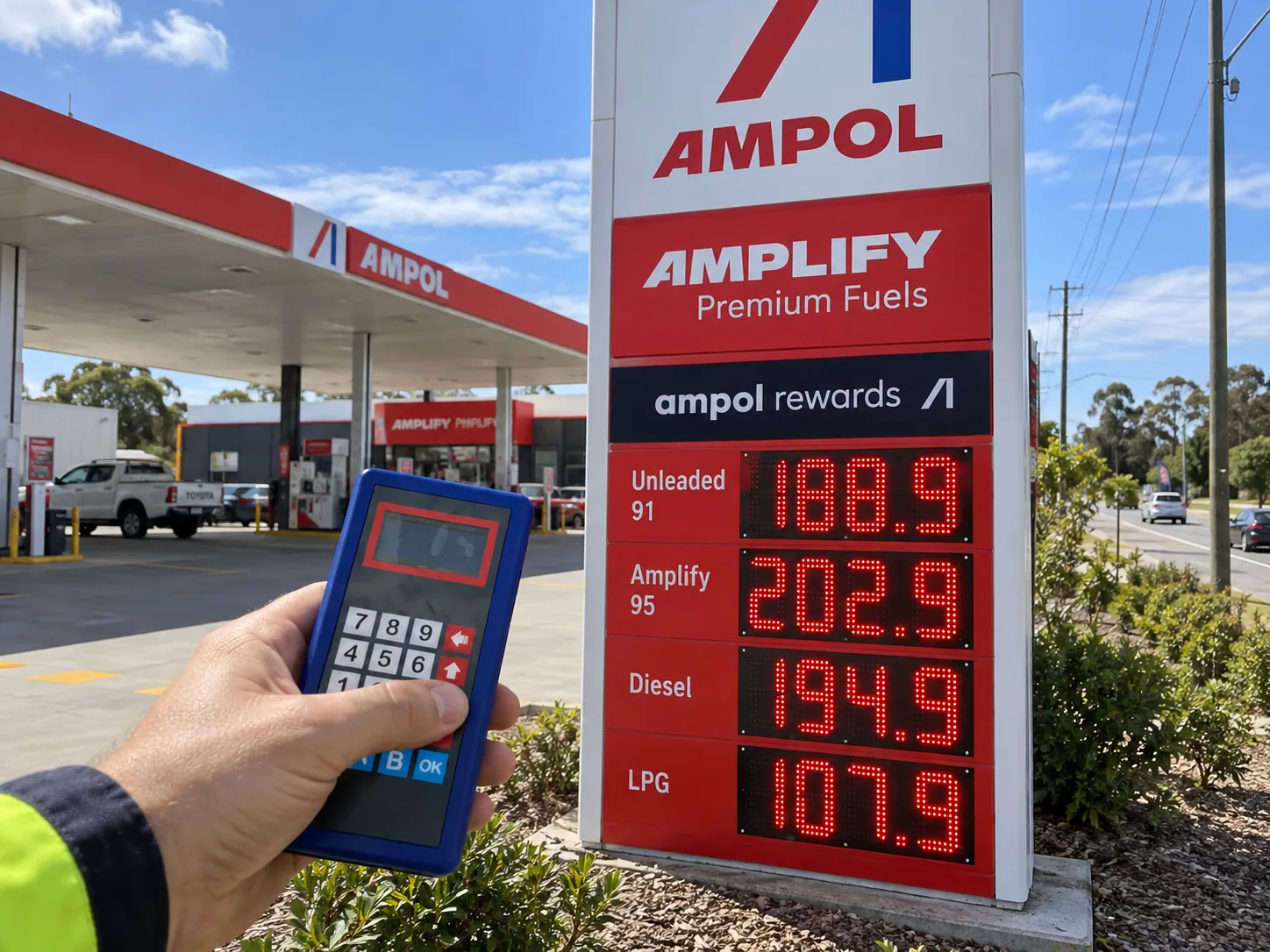 Using an RF remote control to update petrol prices on an Ampol fuel station pylon in Australia