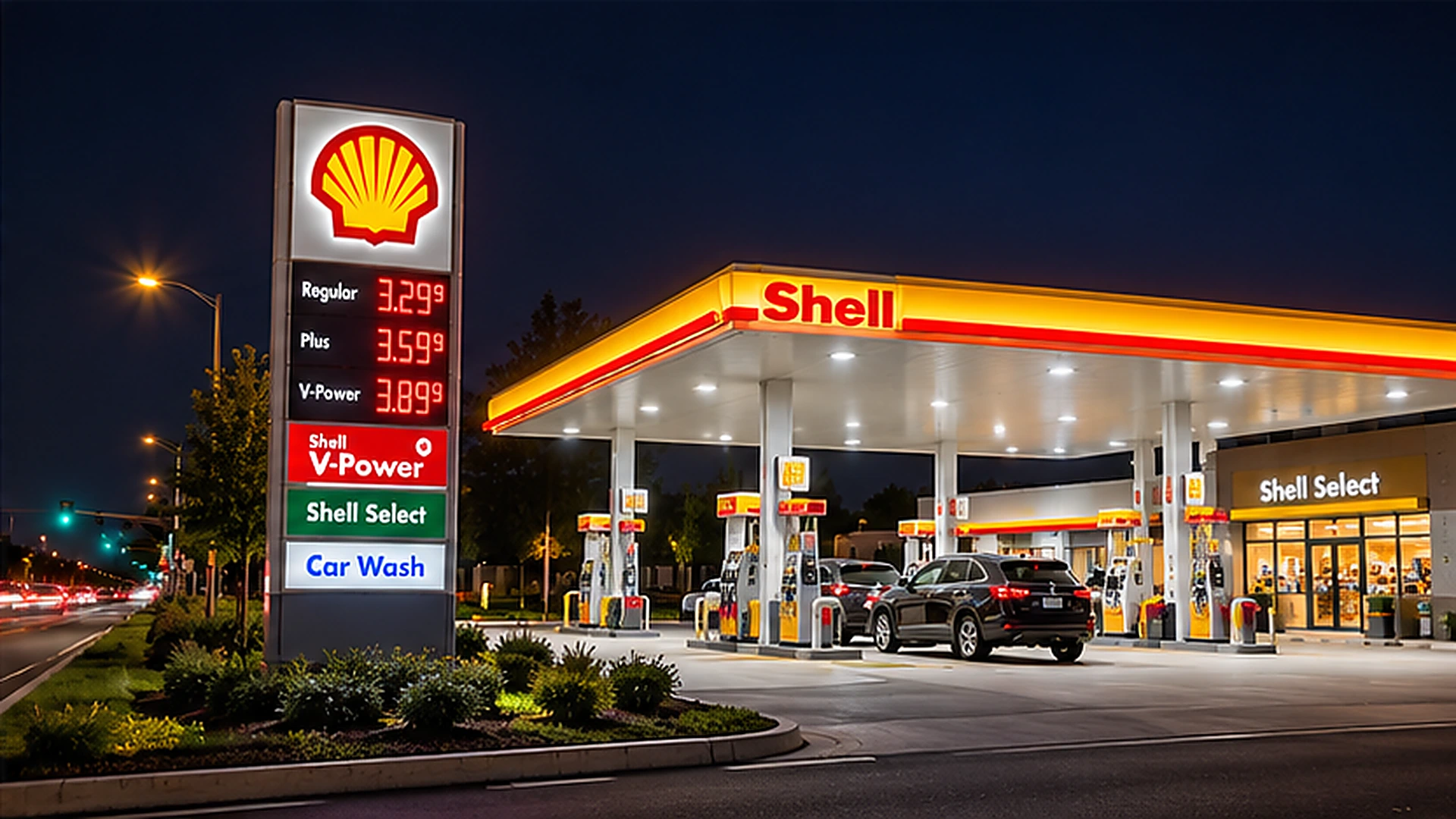shell-gas-station-illuminated-signs-at-night